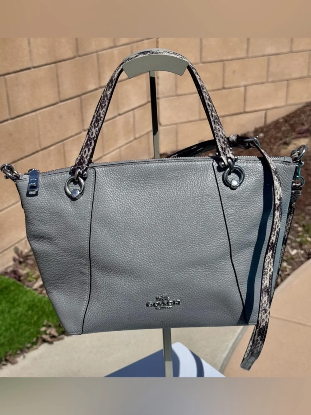 Coach Kacey Satchel grey pebble leather snake-embossed handle and strap EUC - Picture 7 of 17